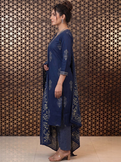 Printed Pure Cotton V-Neck Kurta & Trousers With Dupatta