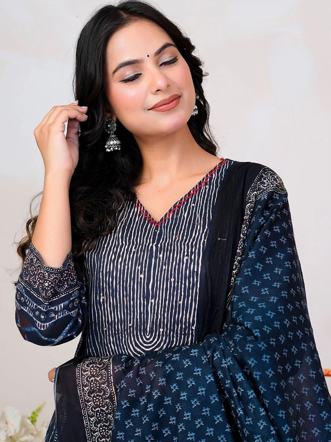 Women Floral Printed Panelled Sequinned Pure Cotton Kurta with Trousers & With Dupatta