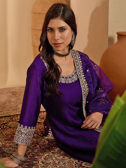 Women Zari Sequence Embroidered A-Line Kurta With Trouser & Dupatta