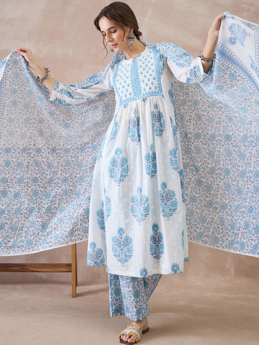 Women Floral Printed Panelled Pure Cotton Kurta with Trousers & With Dupatta