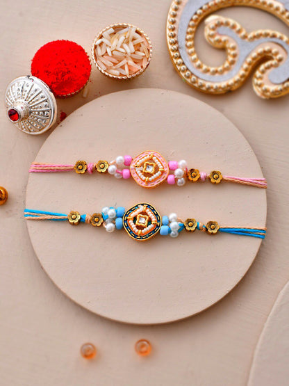 Dhiyona Set Of 2 Kundan Studded Thread Rakhi With Roli Chawal & Greetings Card