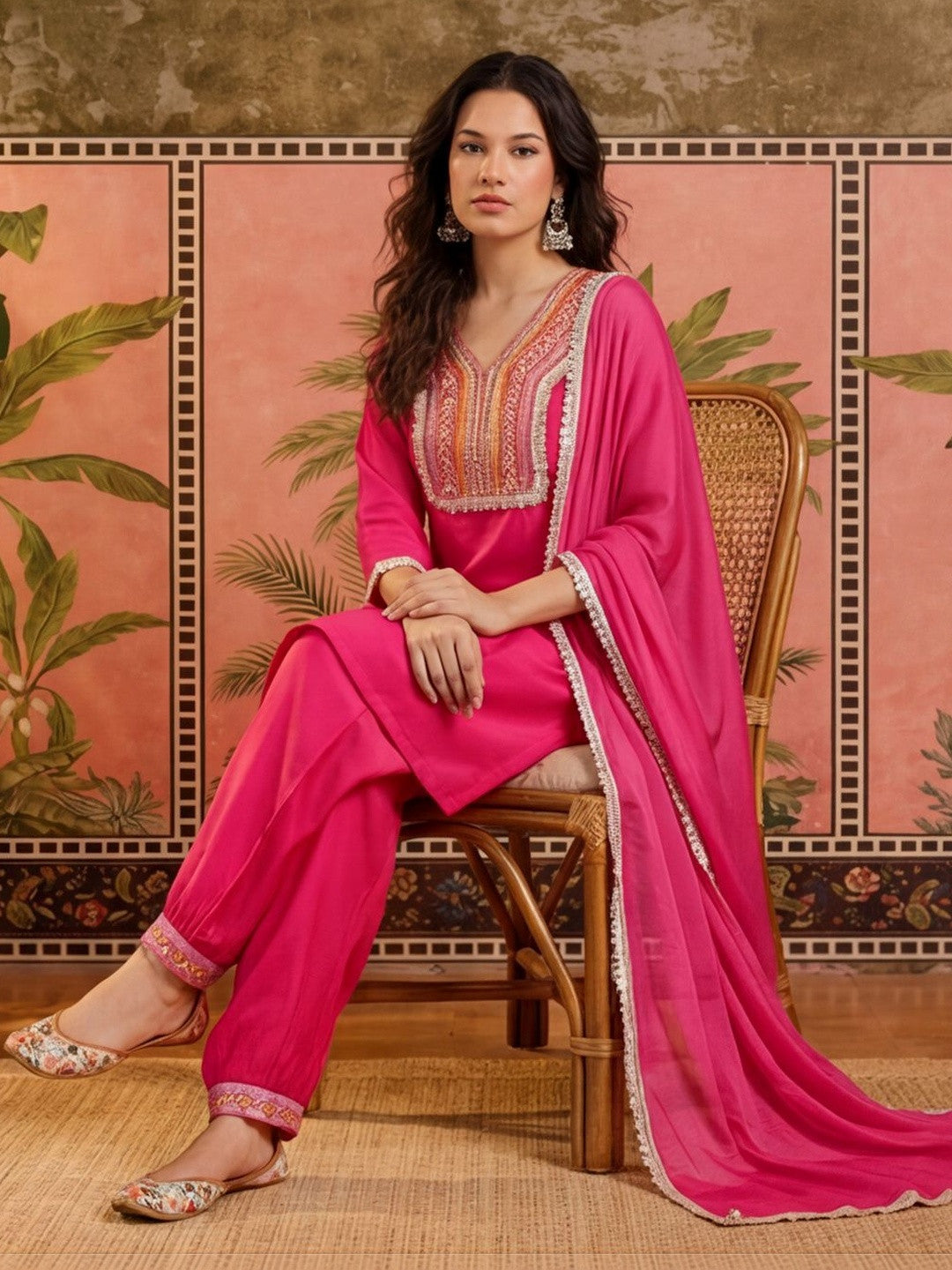 Women Pink Solid Print Embroidery & Sequinned Work Kurta Afagani Salwar & Dupatta