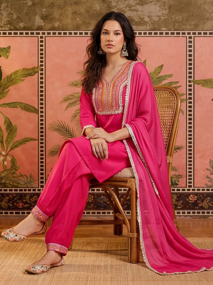 Women Pink Solid Print Embroidery & Sequinned Work Kurta Afagani Salwar & Dupatta