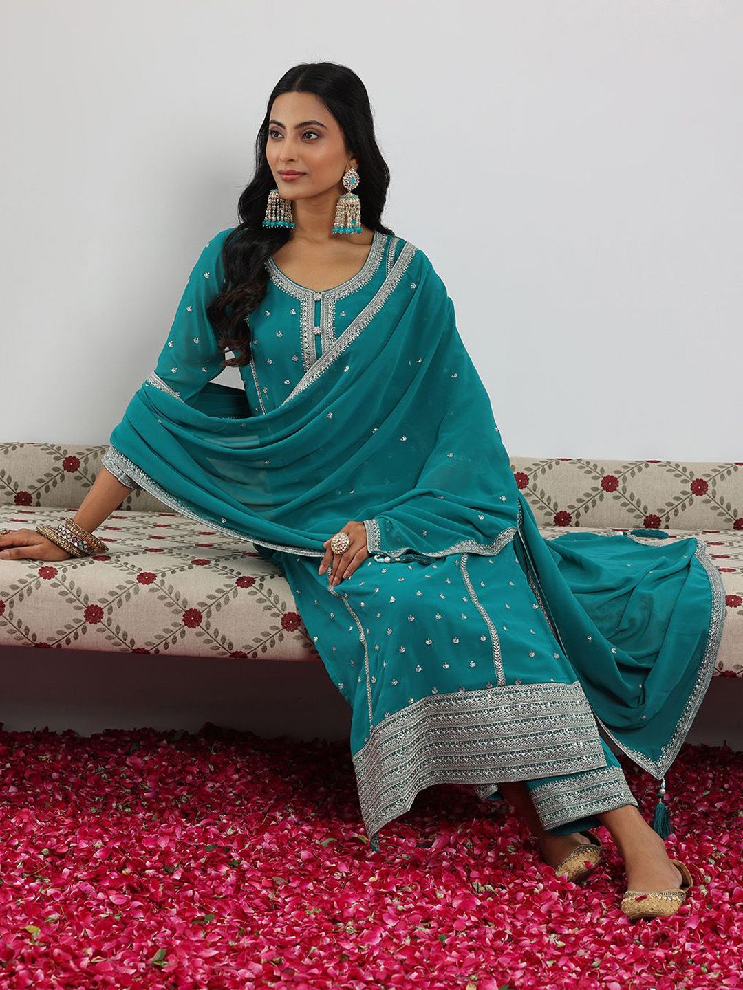 Dhiyona LL Rama Women Ethnic Motifs Embroidered Kurta with Palazzo & Dupatta