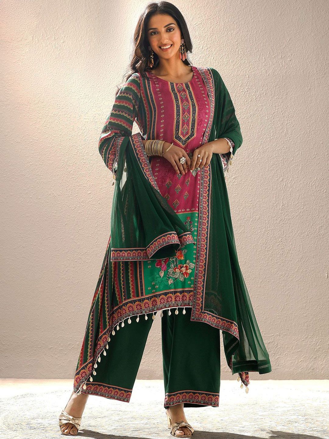 Dhiyona LL Women Ethnic Motifs Printed Regular Beads and Stones Kurta with Palazzos & With Dupatta