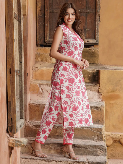 Women Red Floral Straight Kurta Pant Set