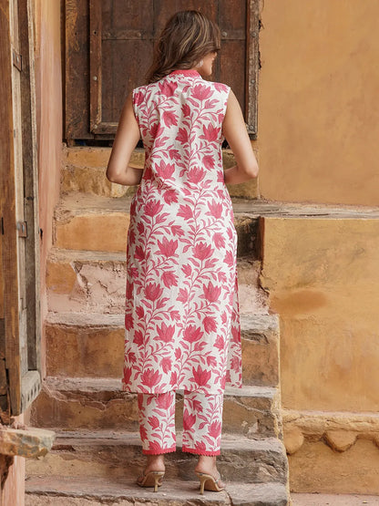 Women Red Floral Straight Kurta Pant Set