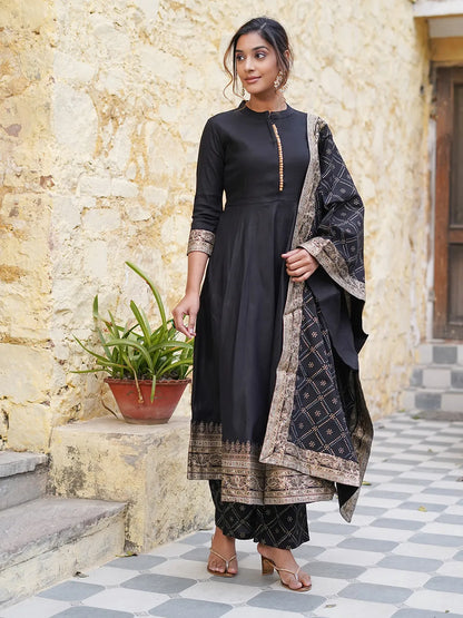 Black Mandarin Collar Ethnic Motifs Printed Regular Kurta with Trousers & With Dupatta Set