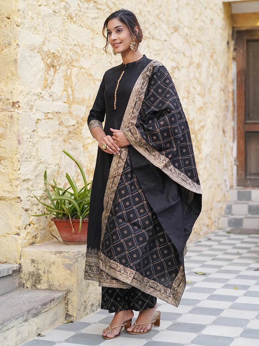 Black Mandarin Collar Ethnic Motifs Printed Regular Kurta with Trousers & With Dupatta Set