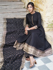 Black Mandarin Collar Ethnic Motifs Printed Regular Kurta with Trousers & With Dupatta Set