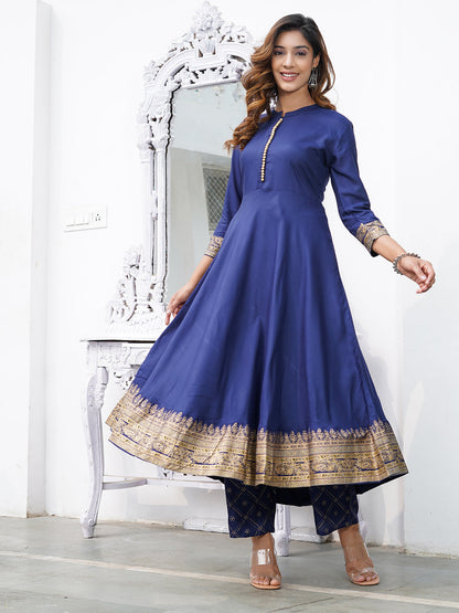 Blue Mandarin Collar Ethnic Motifs Printed Regular Kurta with Trousers & With Dupatta Set