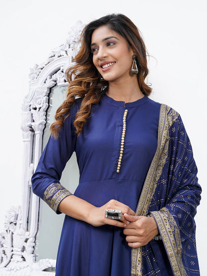 Blue Mandarin Collar Ethnic Motifs Printed Regular Kurta with Trousers & With Dupatta Set