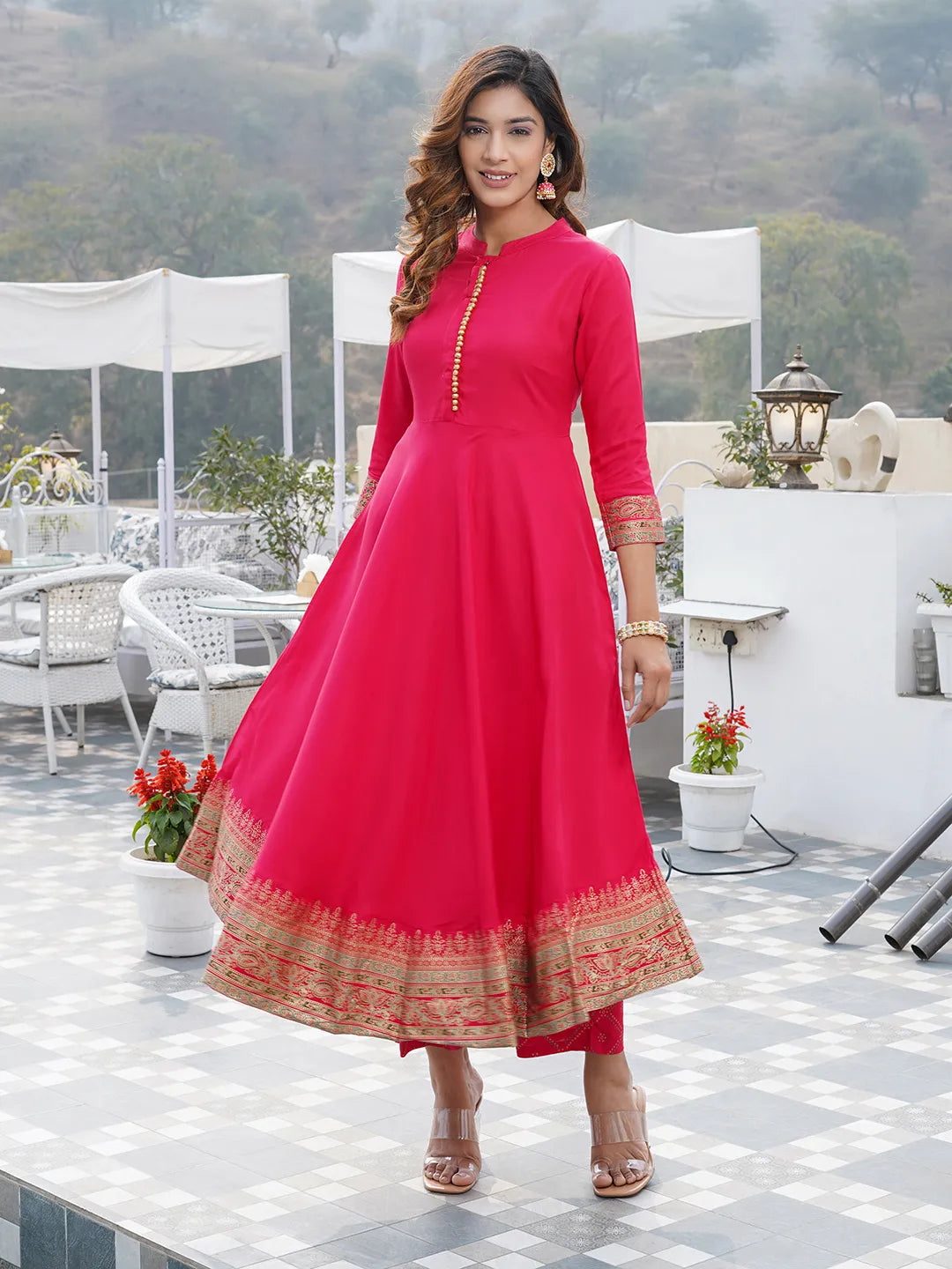 Pink Mandarin Collar Ethnic Motifs Printed Regular Kurta with Trousers & With Dupatta Set