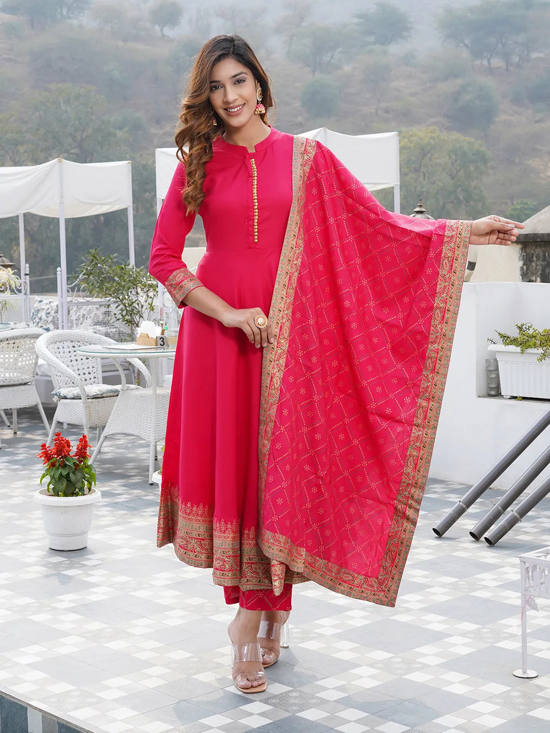 Pink Mandarin Collar Ethnic Motifs Printed Regular Kurta with Trousers & With Dupatta Set