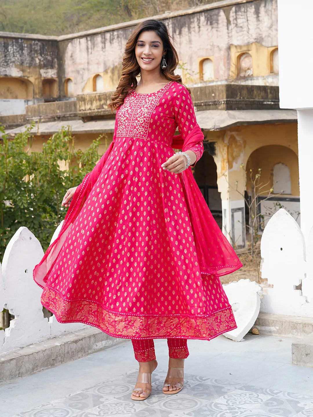 Women Red Printed Anarkali Kurta Pant and Dupatta Set