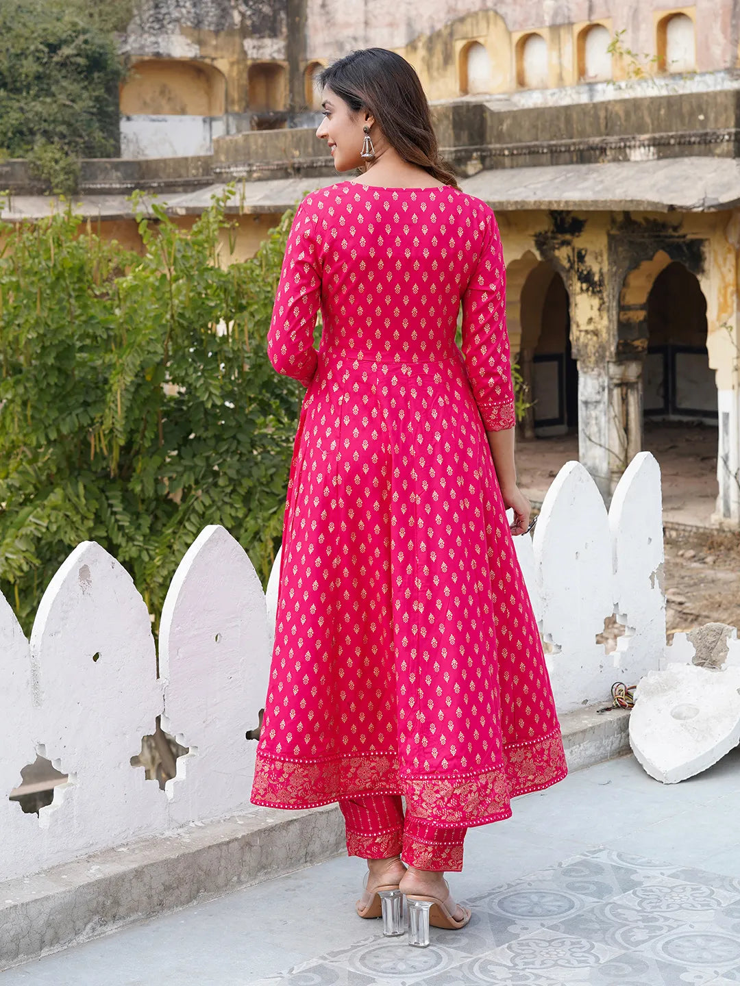 Women Red Printed Anarkali Kurta Pant and Dupatta Set