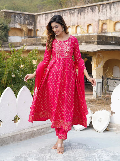 Women Red Printed Anarkali Kurta Pant and Dupatta Set