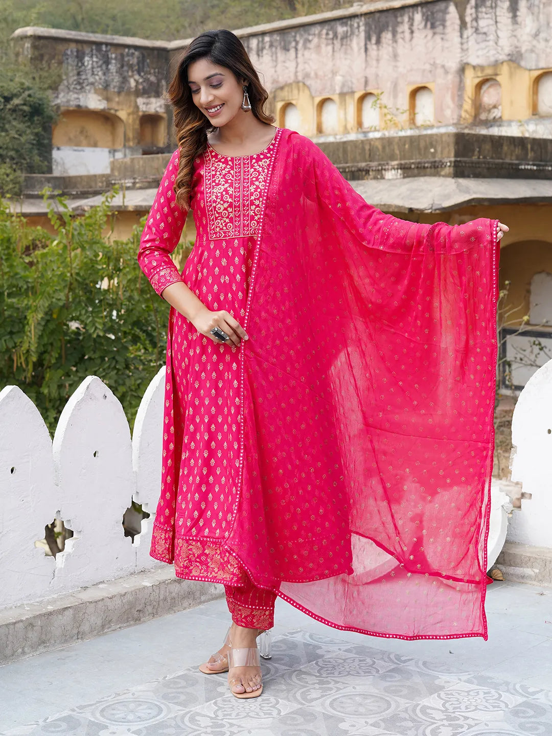 Women Red Printed Anarkali Kurta Pant and Dupatta Set