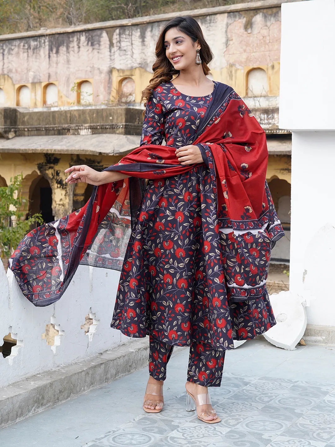 Women Navy blue Floral Print Anarkali Kurta Trouser and Dupatta Set