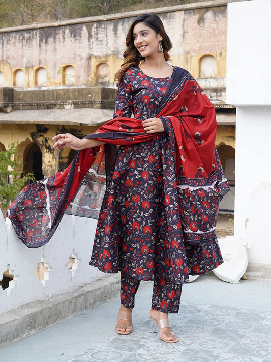 Women Navy blue Floral Print Anarkali Kurta Trouser and Dupatta Set