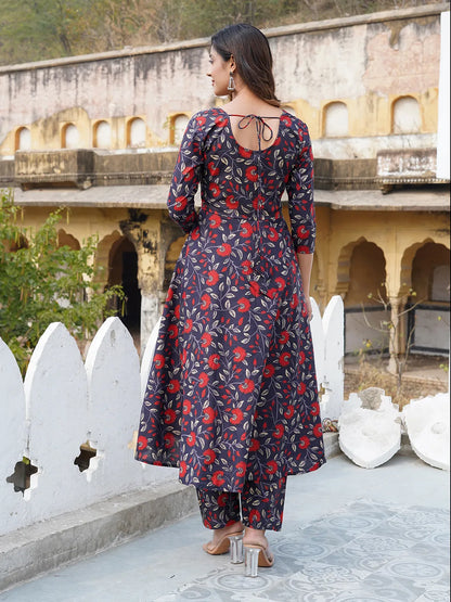 Women Navy blue Floral Print Anarkali Kurta Trouser and Dupatta Set