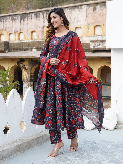 Women Navy blue Floral Print Anarkali Kurta Trouser and Dupatta Set