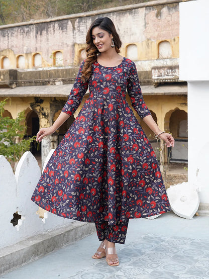 Women Navy blue Floral Print Anarkali Kurta Trouser and Dupatta Set