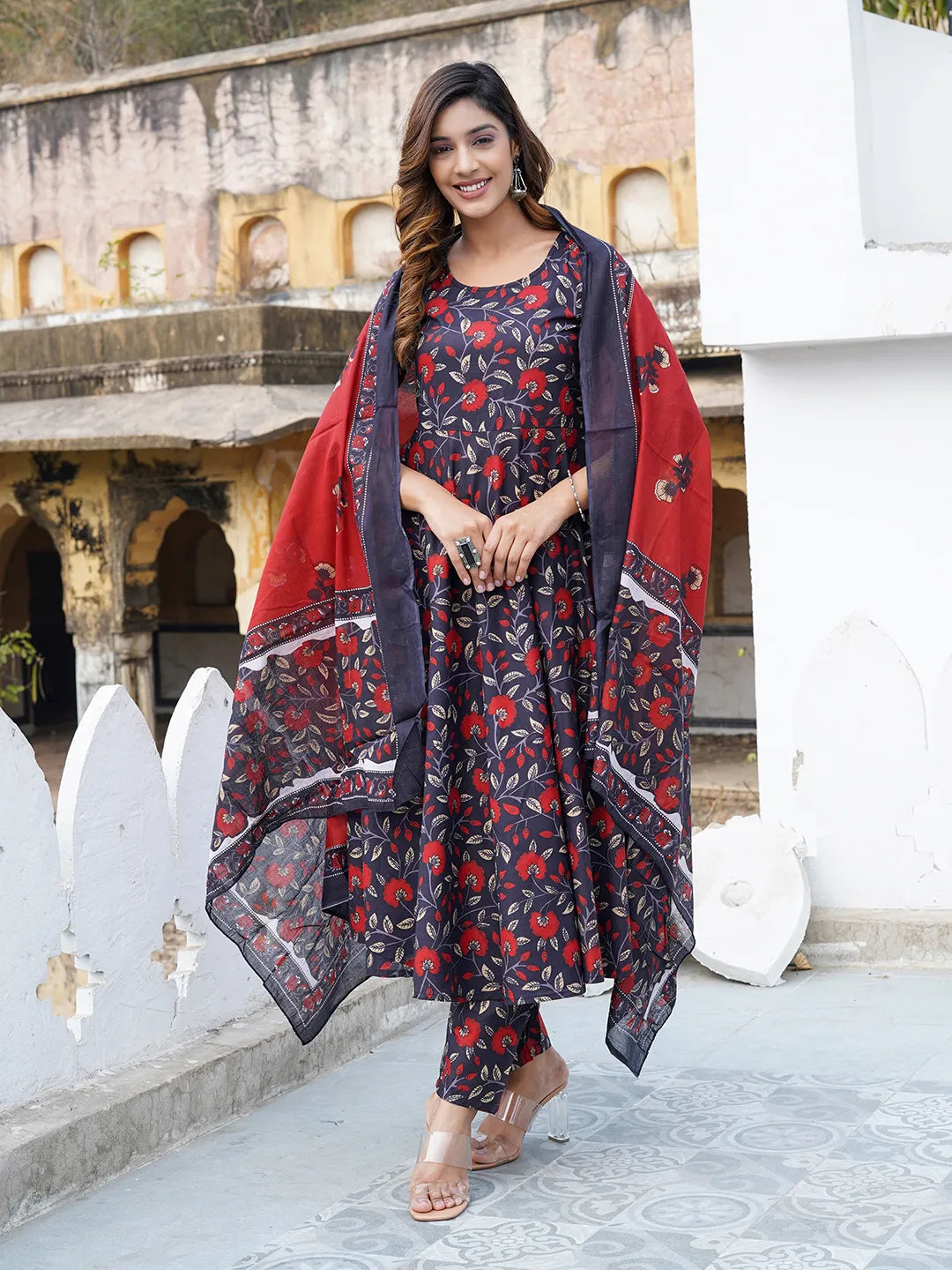 Women Navy blue Floral Print Anarkali Kurta Trouser and Dupatta Set