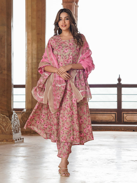 Women Cream Floral Anarkali Kurta Pant and Dupatta Set