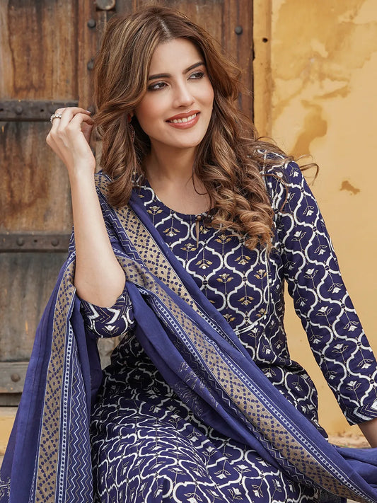 Women Navy Blue Geometric Straight Kurta Pant and Dupatta Set