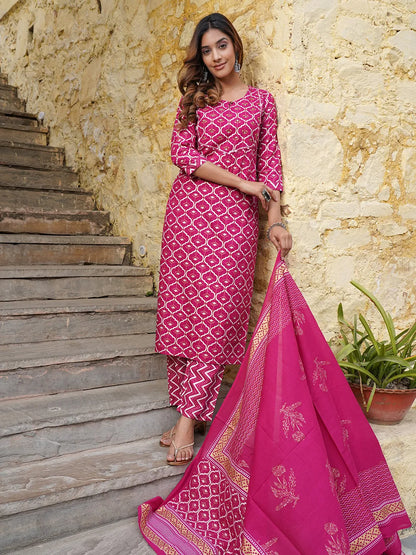 Women Pink Geometric Straight Kurta Pant and Dupatta Set