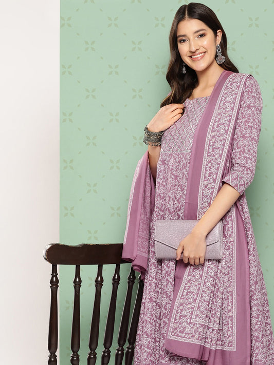 Women Mauve Floral Anarkali Kurta Pant and Dupatta Set