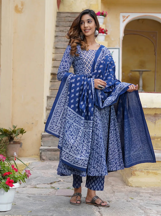 Women Blue Floral Anarkali Kurta Pant and Dupatta Set