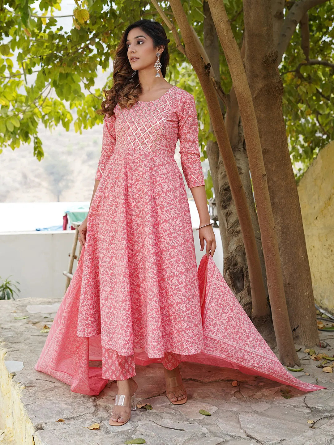 Women Pink Floral Anarkali Kurta Pant and Dupatta Set