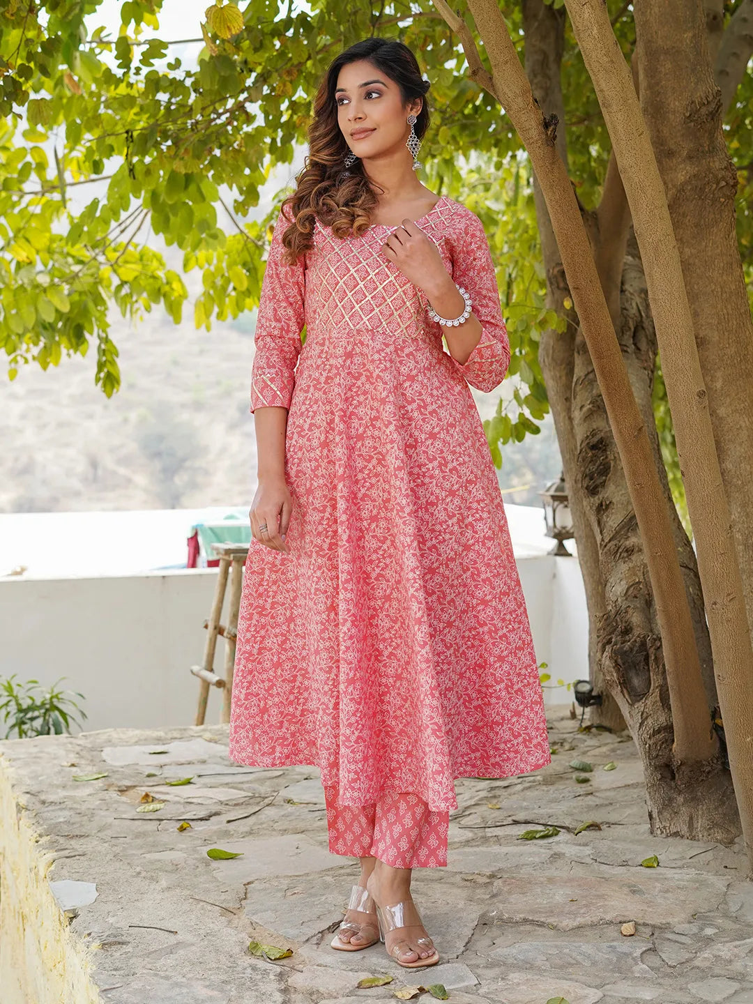 Women Pink Floral Anarkali Kurta Pant and Dupatta Set