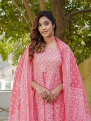 Women Pink Floral Anarkali Kurta Pant and Dupatta Set