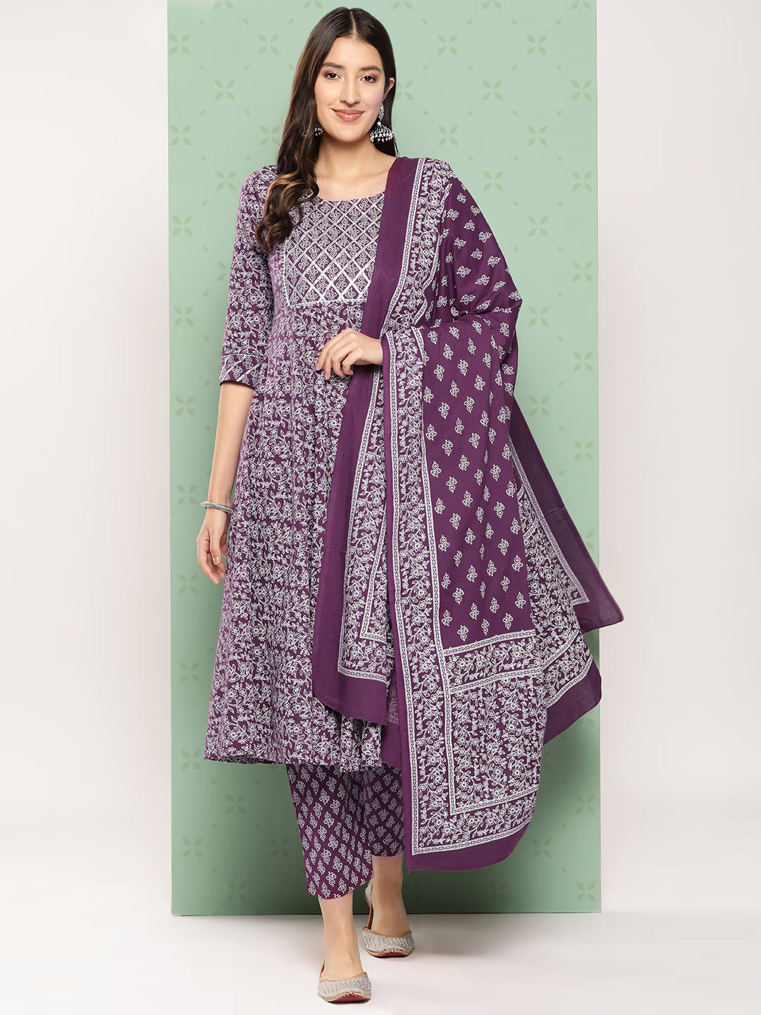 Women Purple Floral Anarkali Kurta Pant and Dupatta Set