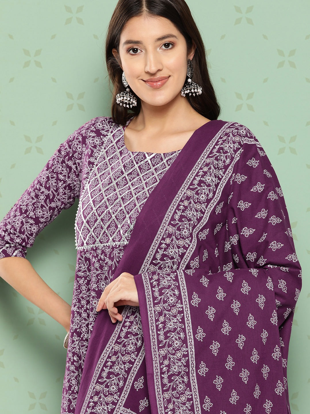 Women Purple Floral Anarkali Kurta Pant and Dupatta Set