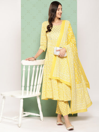 Women Yellow Floral Anarkali Kurta Pant and Dupatta Set