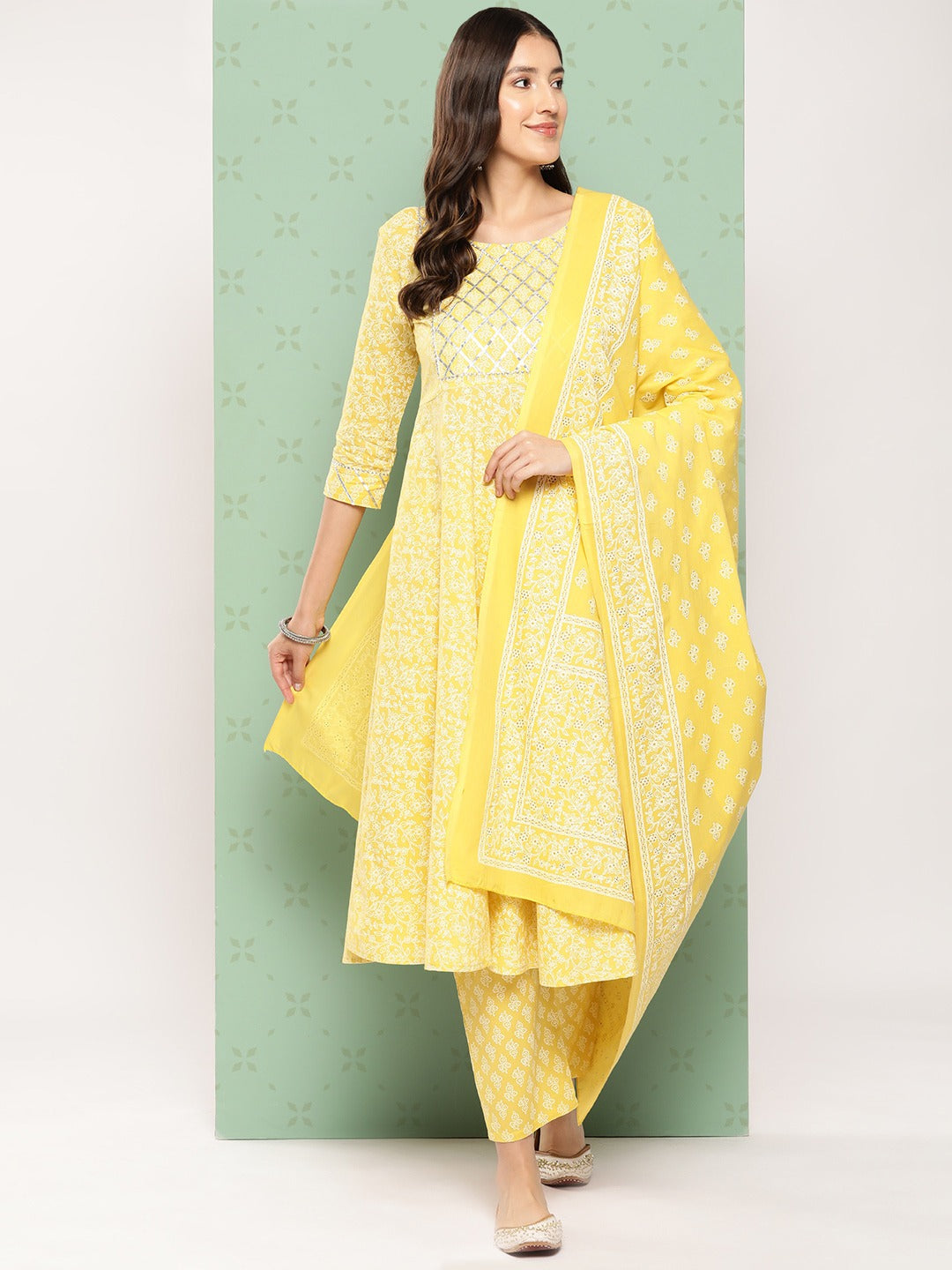 Women Yellow Floral Anarkali Kurta Pant and Dupatta Set