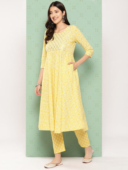 Women Yellow Floral Anarkali Kurta Pant and Dupatta Set