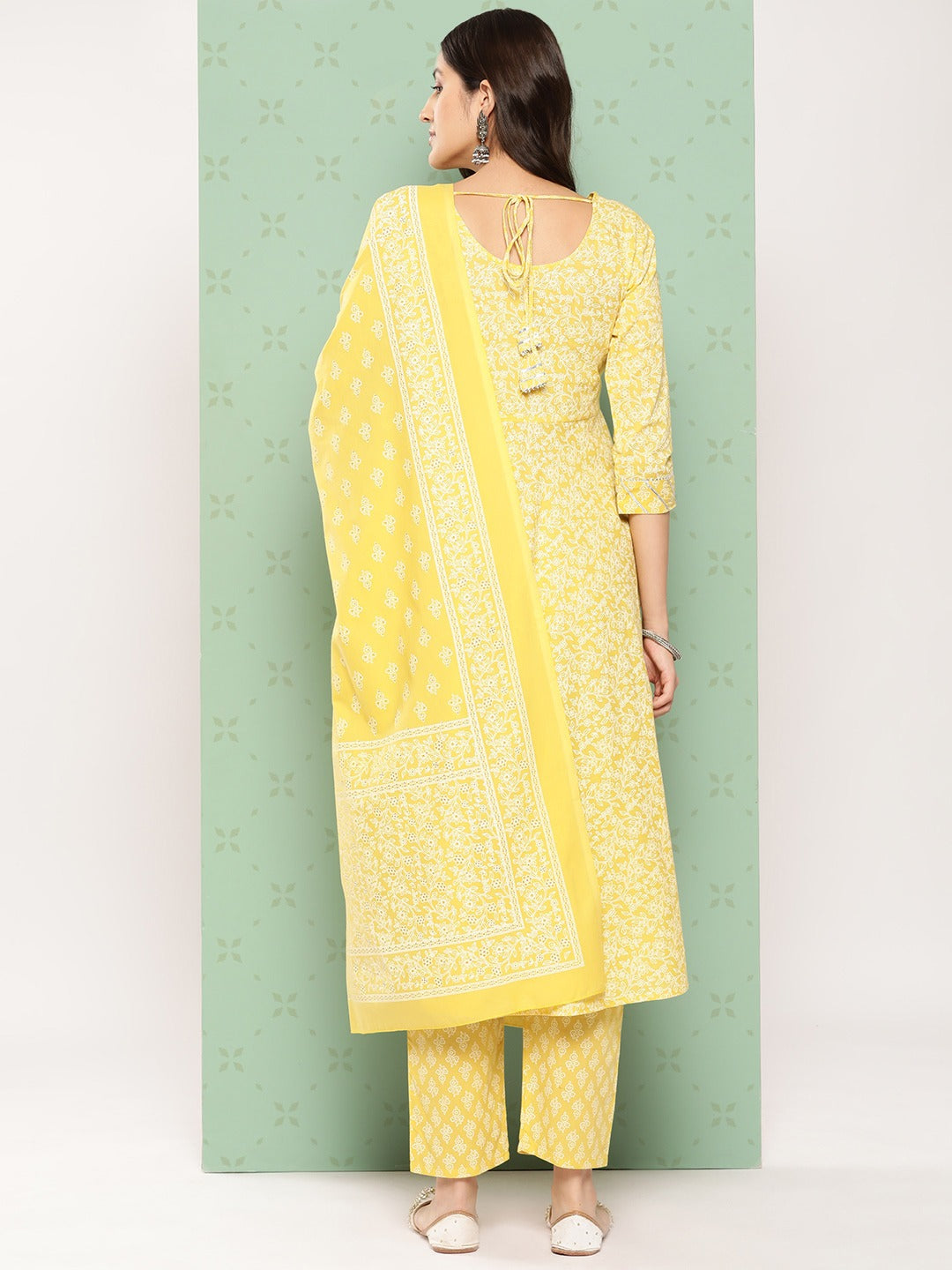 Women Yellow Floral Anarkali Kurta Pant and Dupatta Set