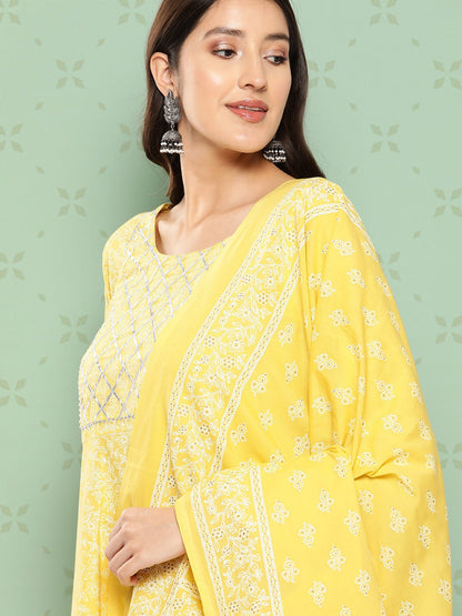 Women Yellow Floral Anarkali Kurta Pant and Dupatta Set