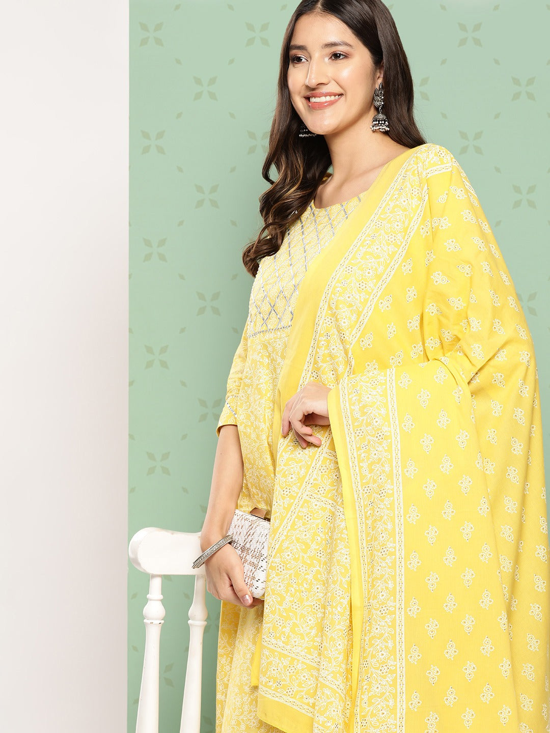 Women Yellow Floral Anarkali Kurta Pant and Dupatta Set