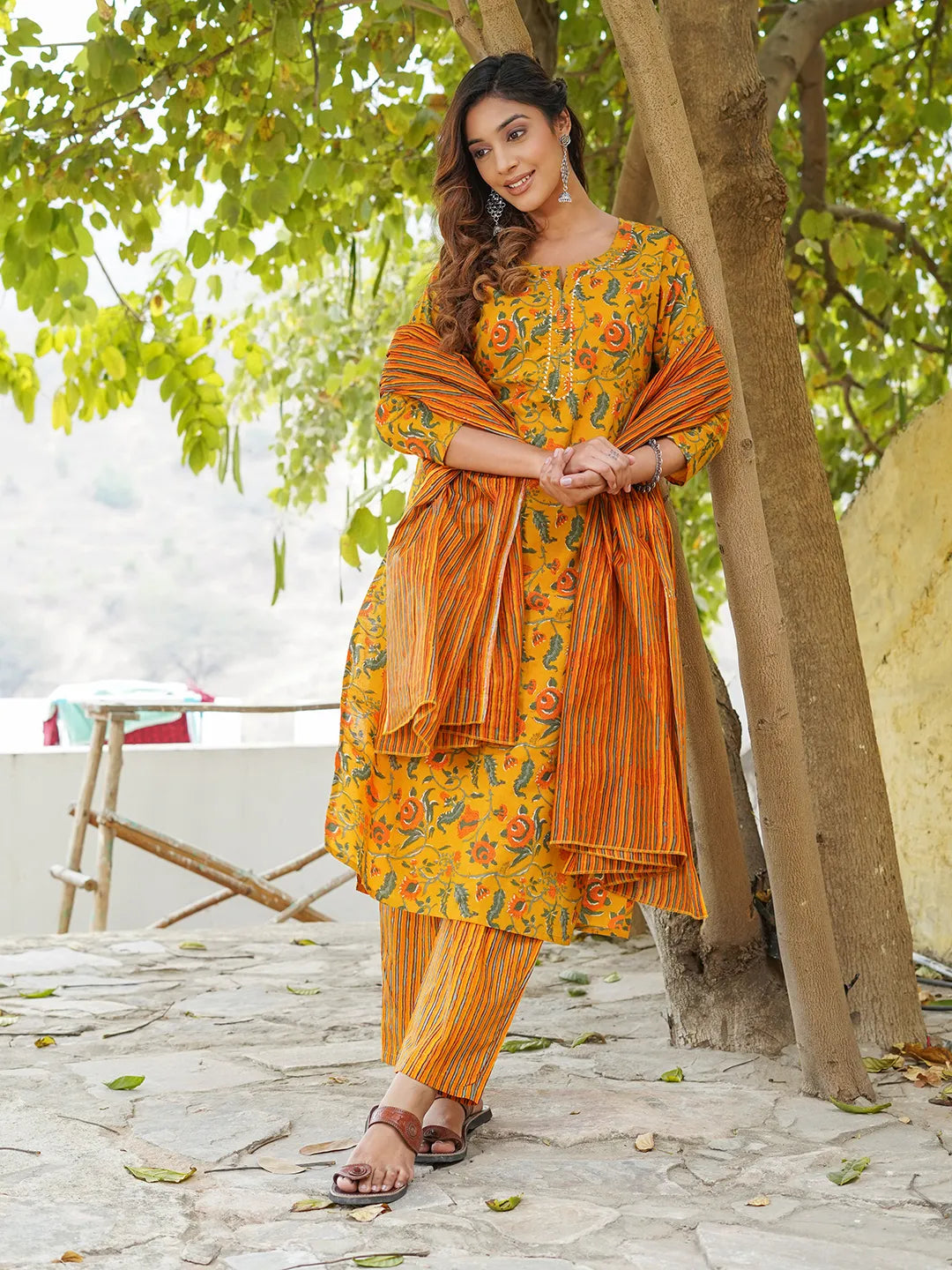 Mustard yellow, orange and green printed Kurta with Trousers & dupatta