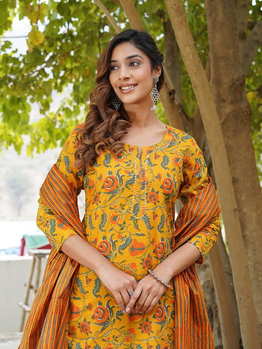 Mustard yellow, orange and green printed Kurta with Trousers & dupatta