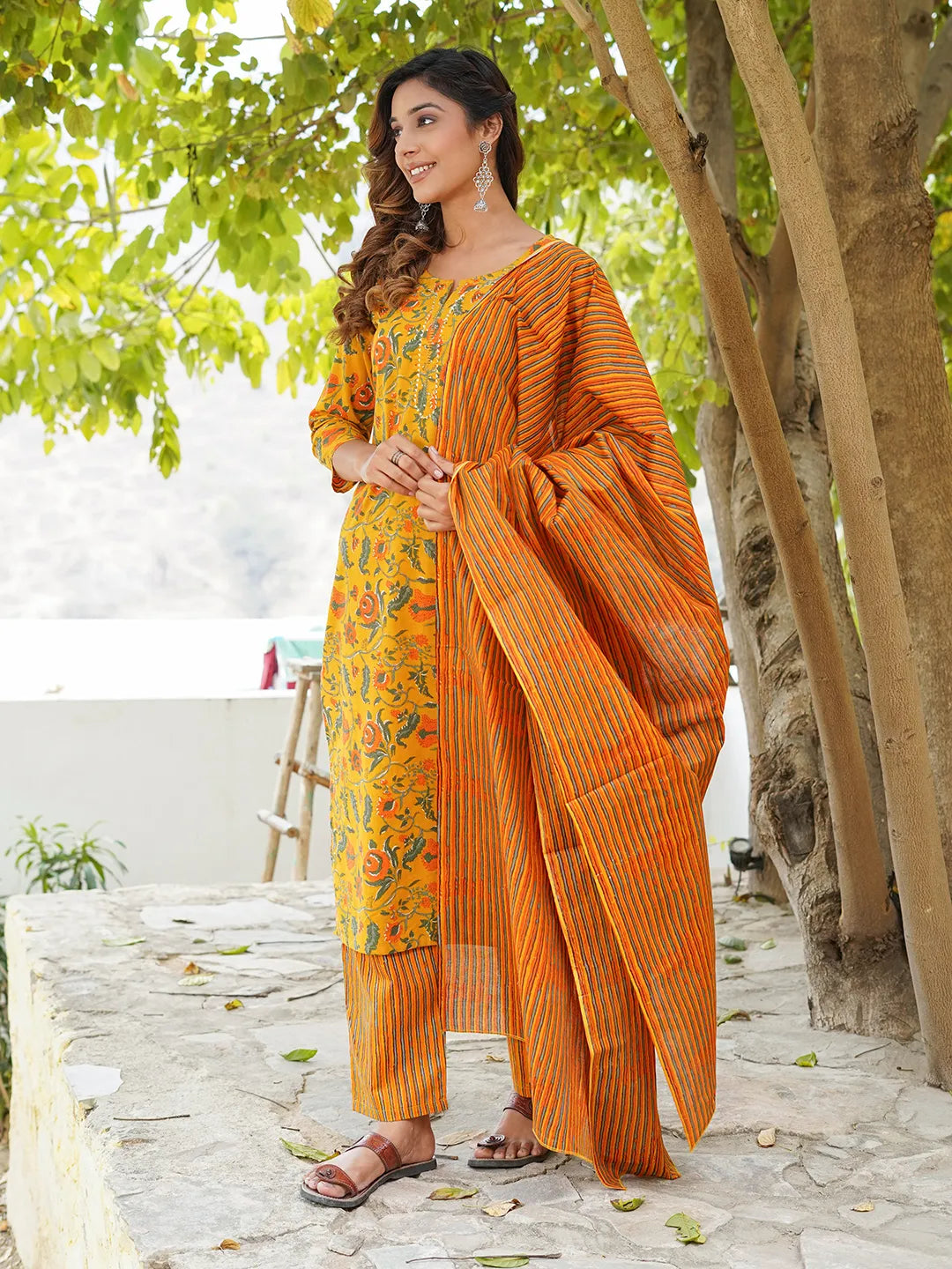 Mustard yellow, orange and green printed Kurta with Trousers & dupatta