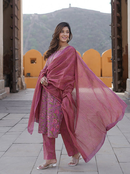 Mauve printed Kurta with Trousers & dupatta