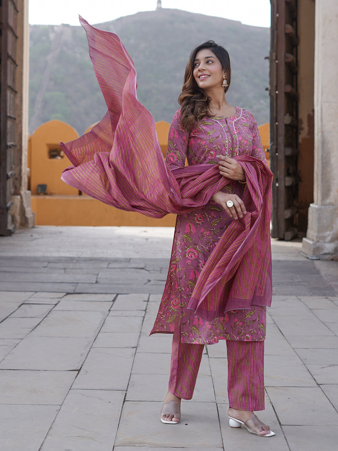 Mauve printed Kurta with Trousers & dupatta