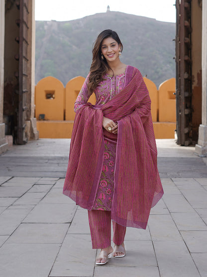 Mauve printed Kurta with Trousers & dupatta